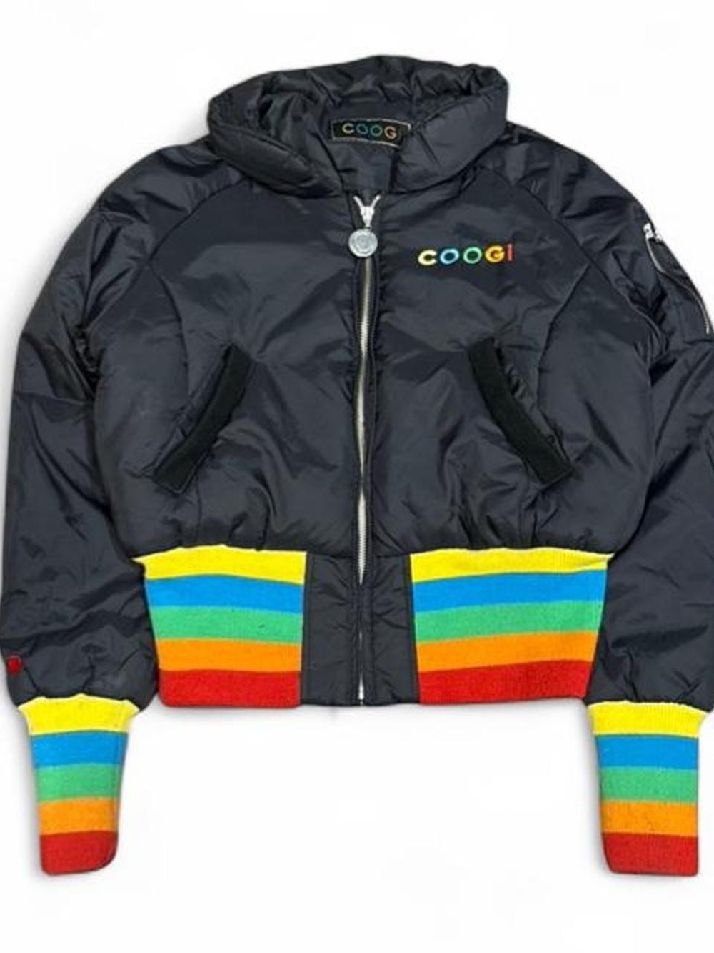 Y2K Coogi Embroidered Colorful Black Cropped Puffer Jacket